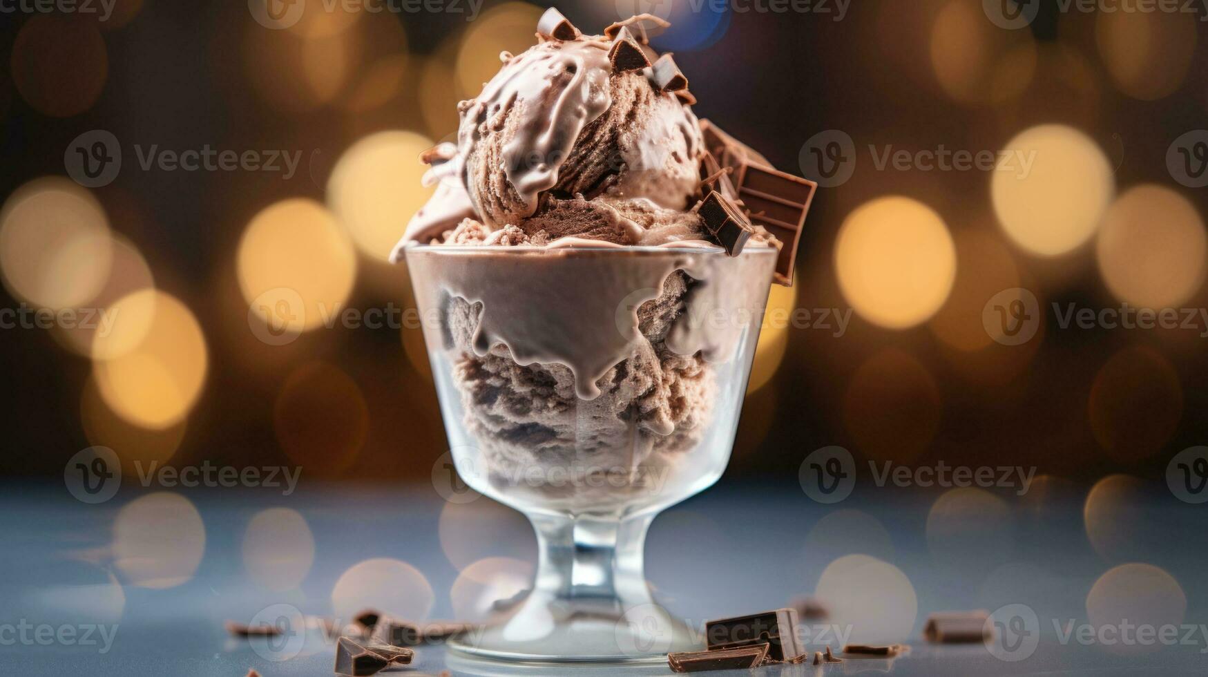 ai généré Chocolat la glace crème surmonté avec Chocolat pièces dans transparent verre sur foncé flou Contexte avec bokeh. idéal pour dessert menus, nourriture les blogs, annonces, les magazines, recette livres. photo