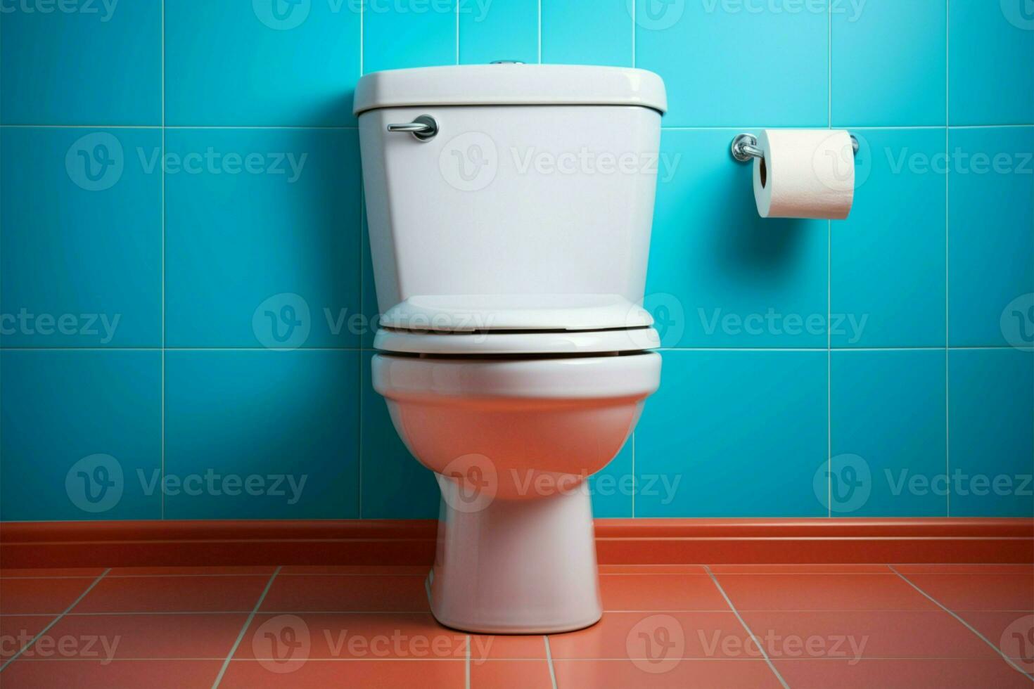 ai généré nettoyer et Facile une blanc céramique toilette des stands contre une toile de fond de calmant bleu photo