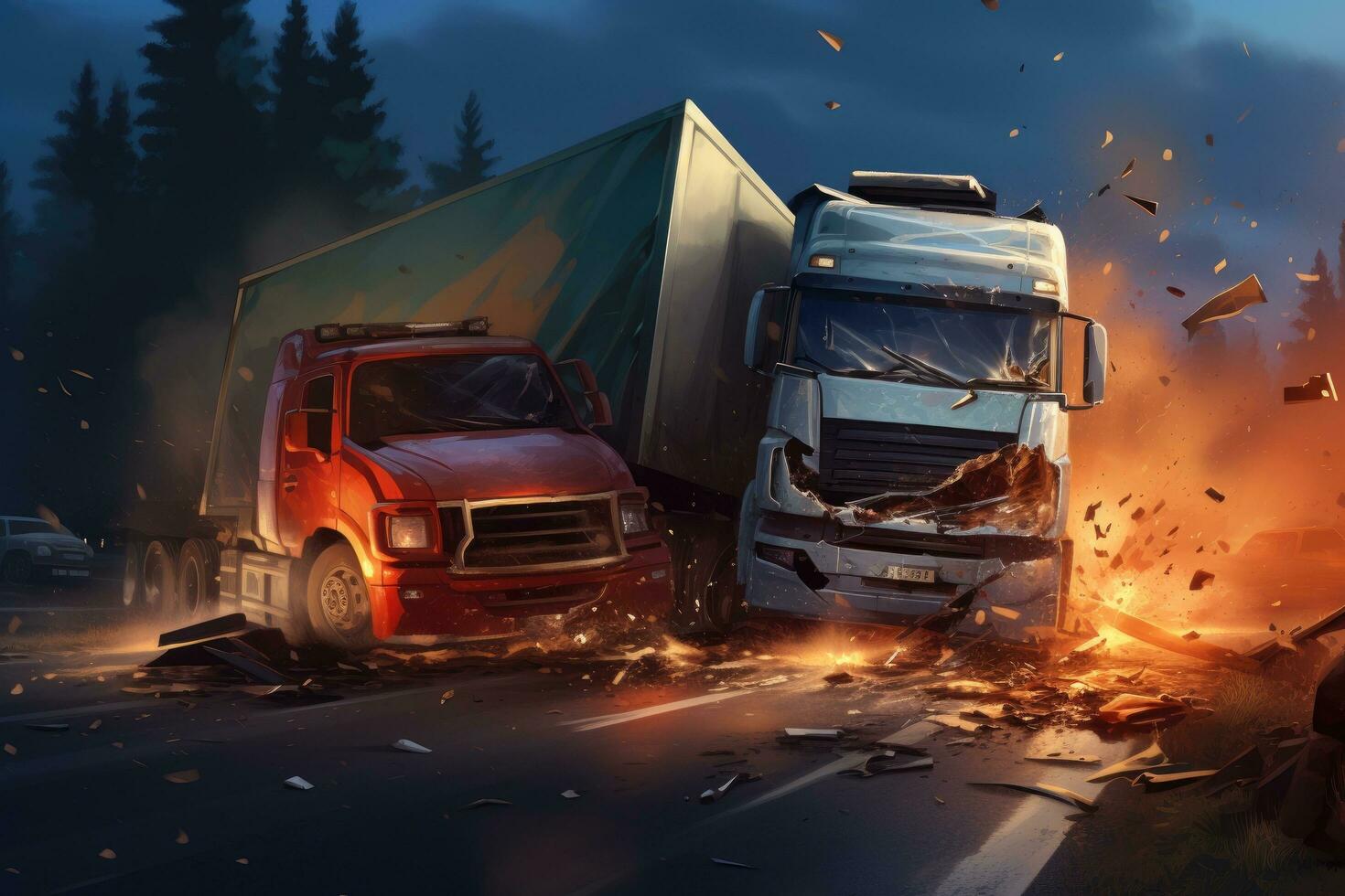 ai généré un camion crash sur le route à nuit. collage. 3d le rendu, illustrer une voiture crash accident impliquant une tir un camion sur le route, ai généré photo