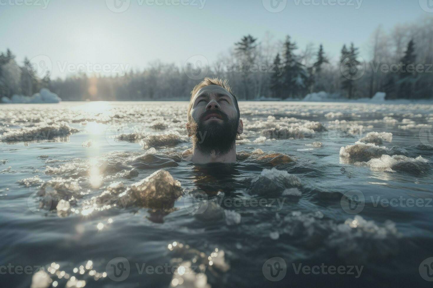 ai généré homme immergé dans glacé l'eau sur hiver journée. produire ai photo