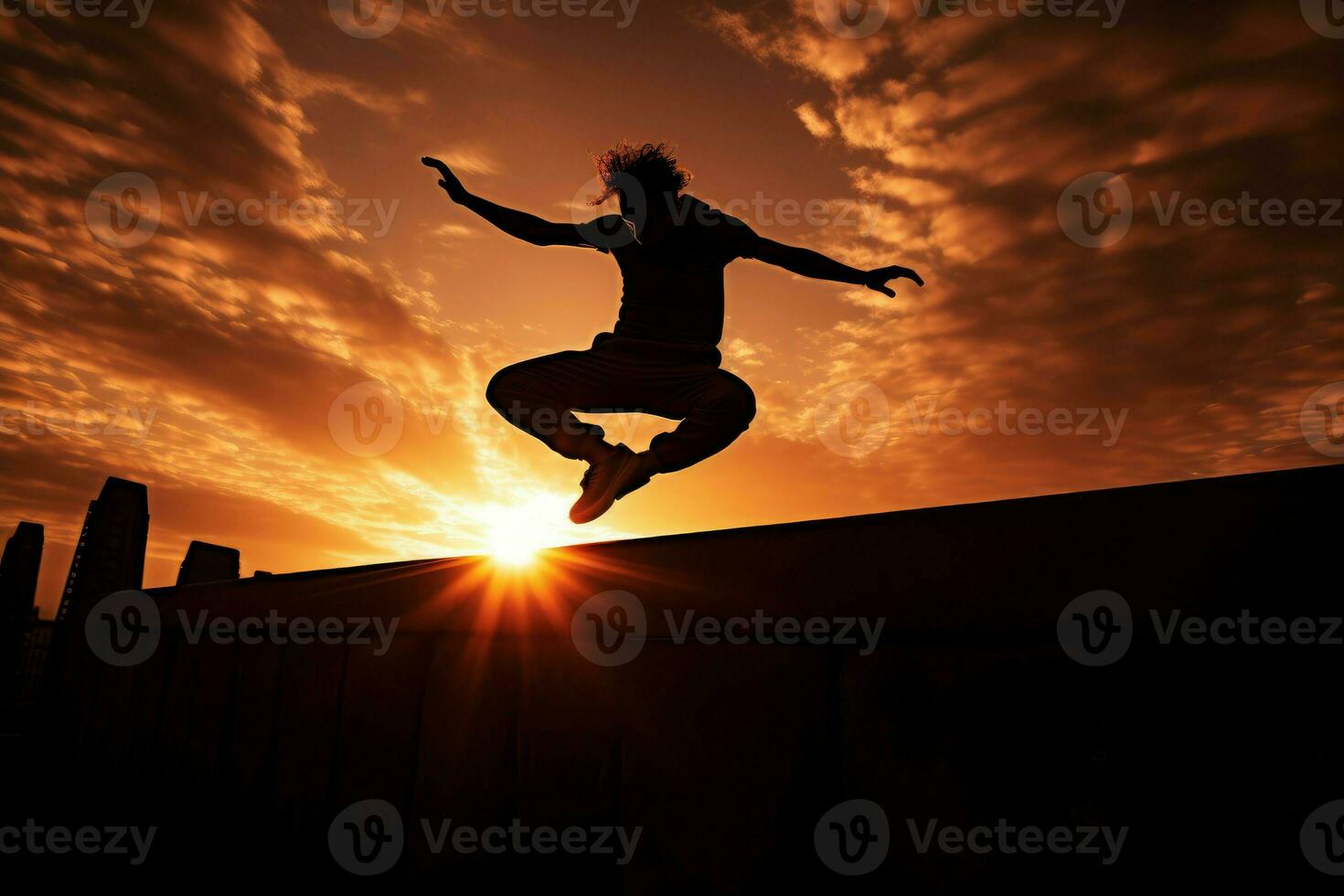 ai généré athlétique homme Parkour le coucher du soleil. produire ai photo