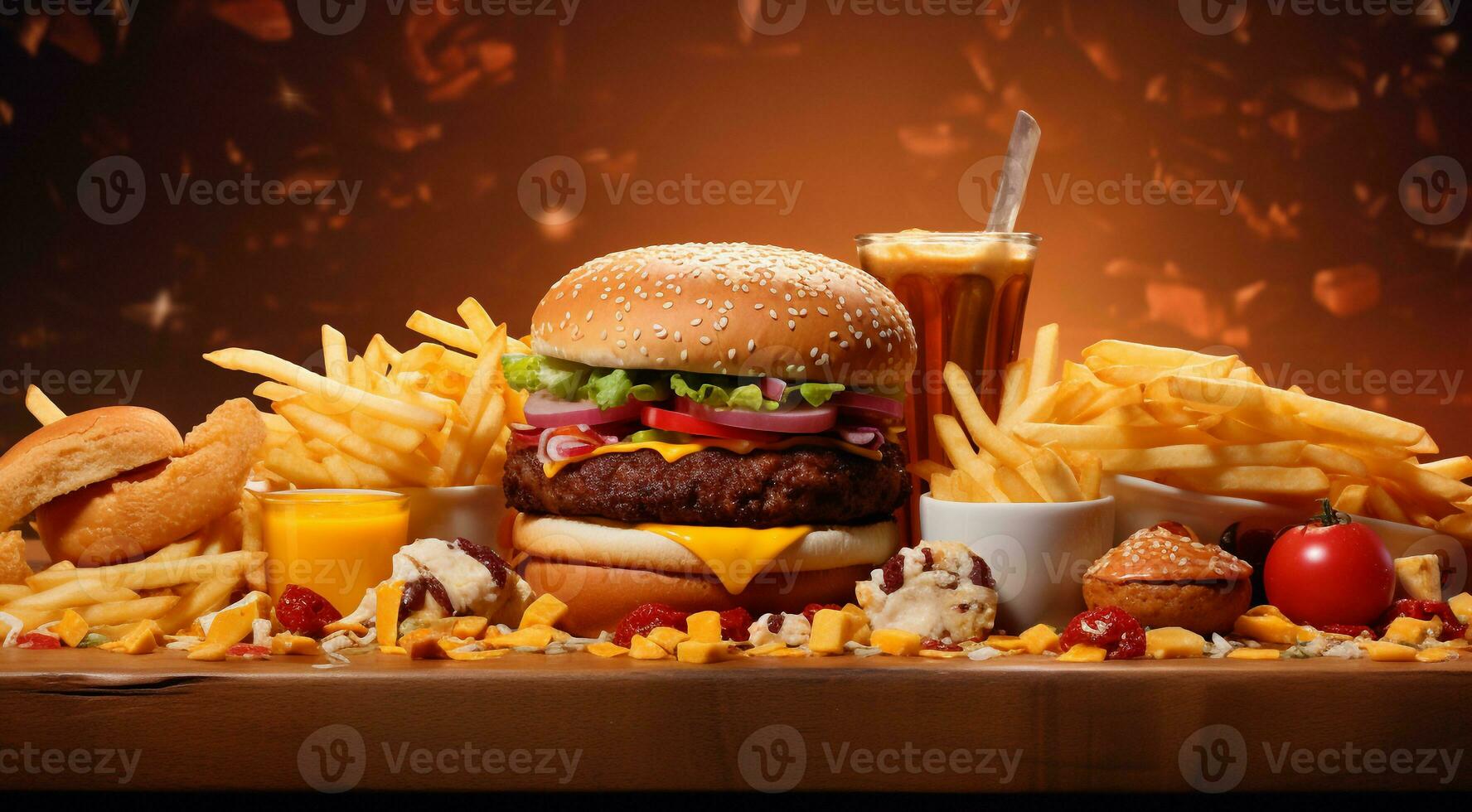 ai généré Burger et frites sur abstrait arrière-plan, Fast food fond d'écran, Burger et frites sur le tableau, Fast food bannière photo