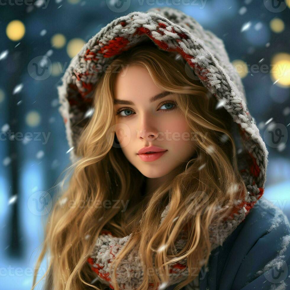 ai généré une magnifique femme dans le neigeux Noël photo