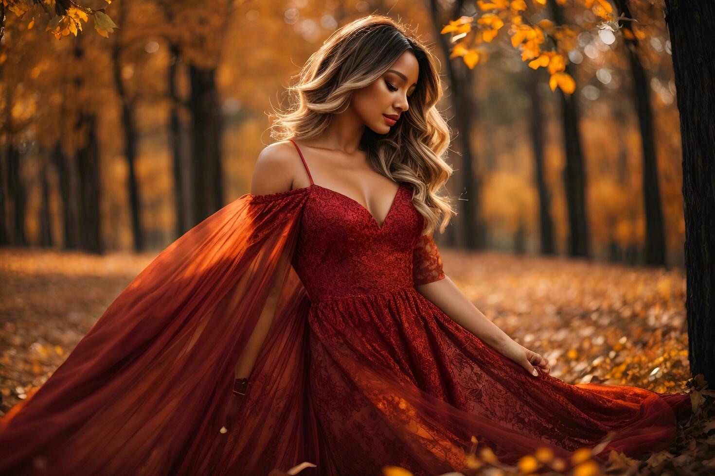ai généré magnifique sexy femme robe mode style vêtements l'automne tomber photo