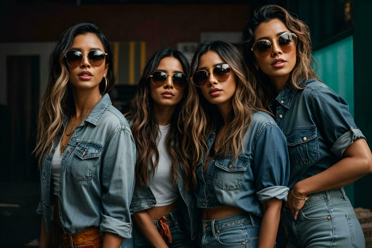 ai généré le studio est rempli avec énergie comme Trois magnifique femmes dans décontractée jeans vêtements la grève une pose, leur des lunettes de soleil ajouter une toucher de côté sexy à le scène photo