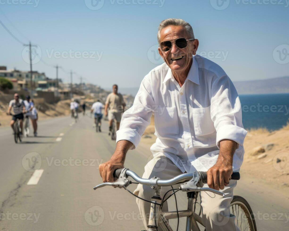 ai généré Sénior Masculin équitation une cycle sur en bord de mer, diverse actif les personnes âgées des photos