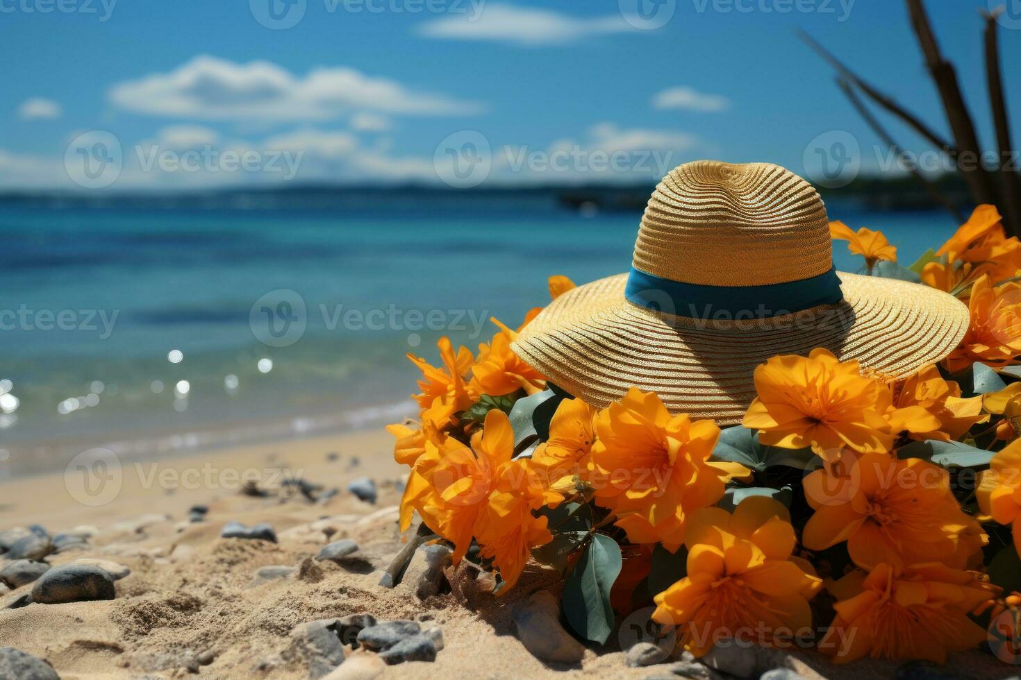 ai généré été plage accessoires capturé dans Stock Photos avec énergique film musique, magnifique été photo