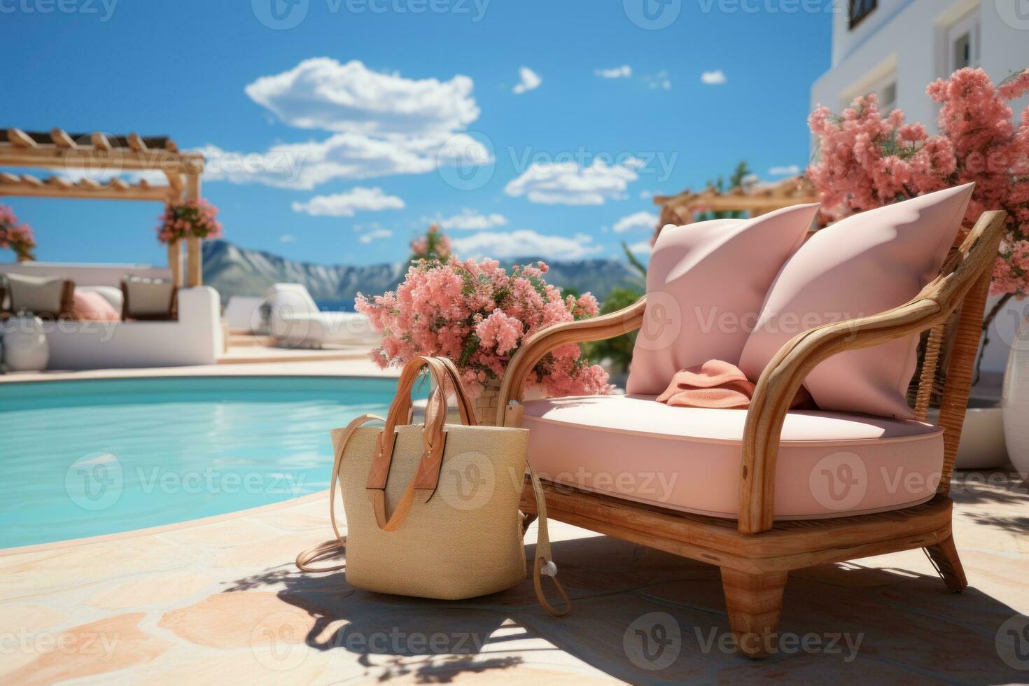 ai généré été Soleil au bord de la piscine oasis et relaxant plage panier, été saison la nature image photo