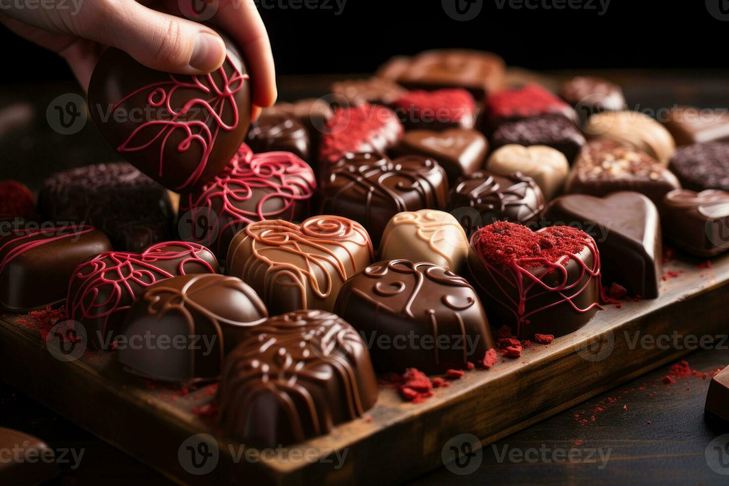 ai généré dévouement et savoir-faire capturé dans le création de cœur des chocolats, engagement, mariage et anniversaire image photo