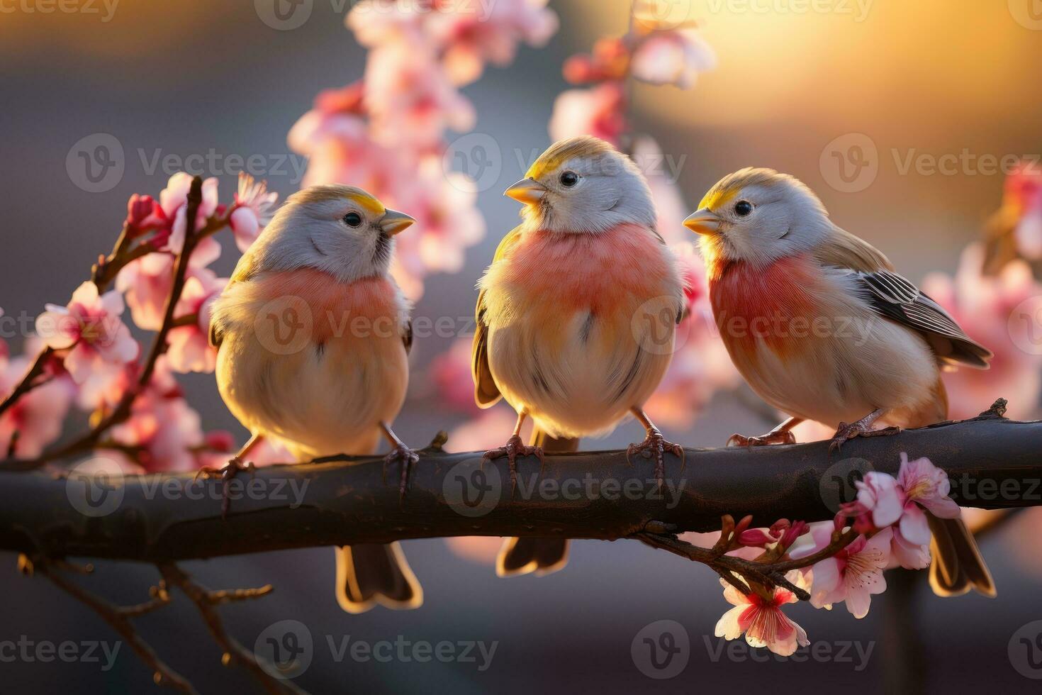 ai généré des oiseaux dans radiant le coucher du soleil sur fleur branches, printemps session Photos