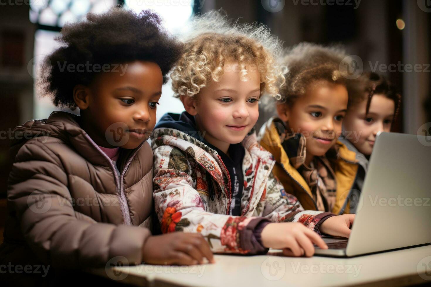 ai généré quatre les enfants recueillies autour une portable captivé par le écran explorant et apprentissage ensemble avec excitation, éducation des photos pour site Internet