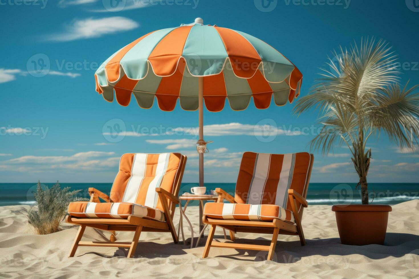 ai généré plage chaises et retourner flops jumelé avec une vibrant plage balle, meilleur été image photo