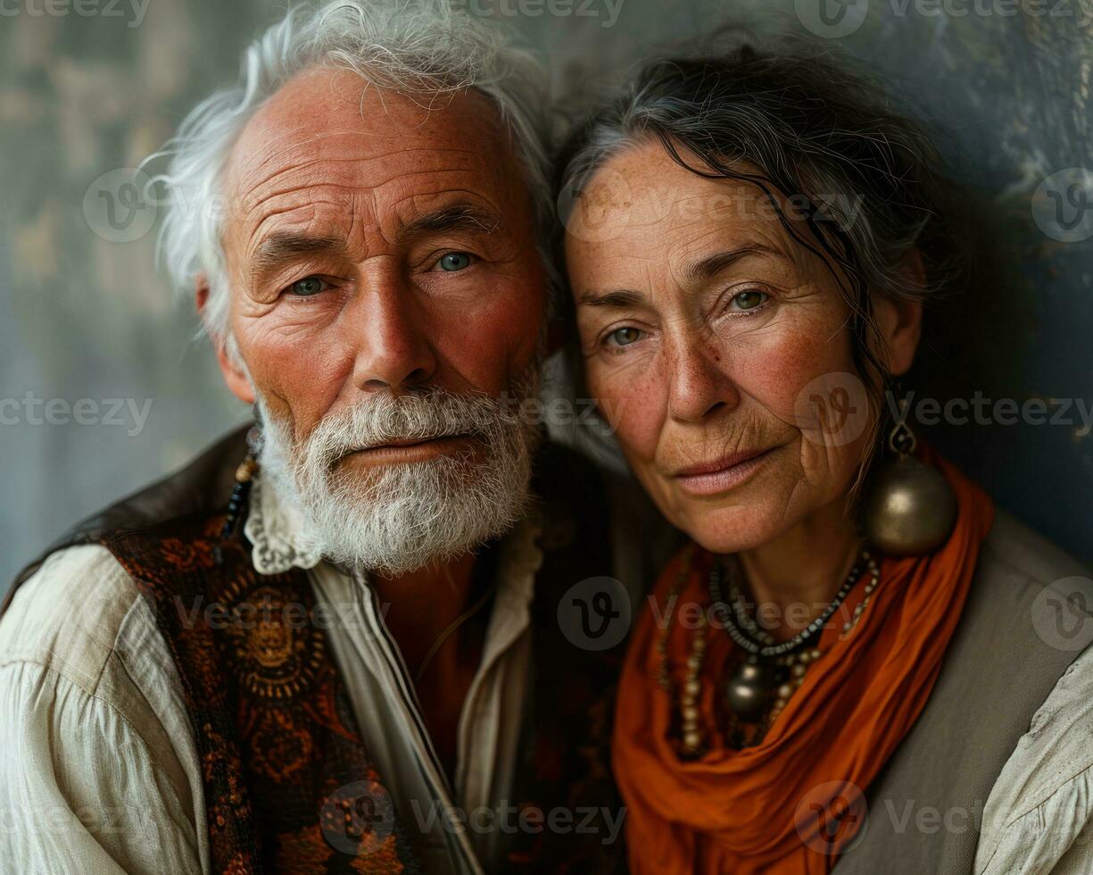 ai généré personnes âgées couple joyeux pose sur une gris mur, actif les personnes âgées mode de vie images photo