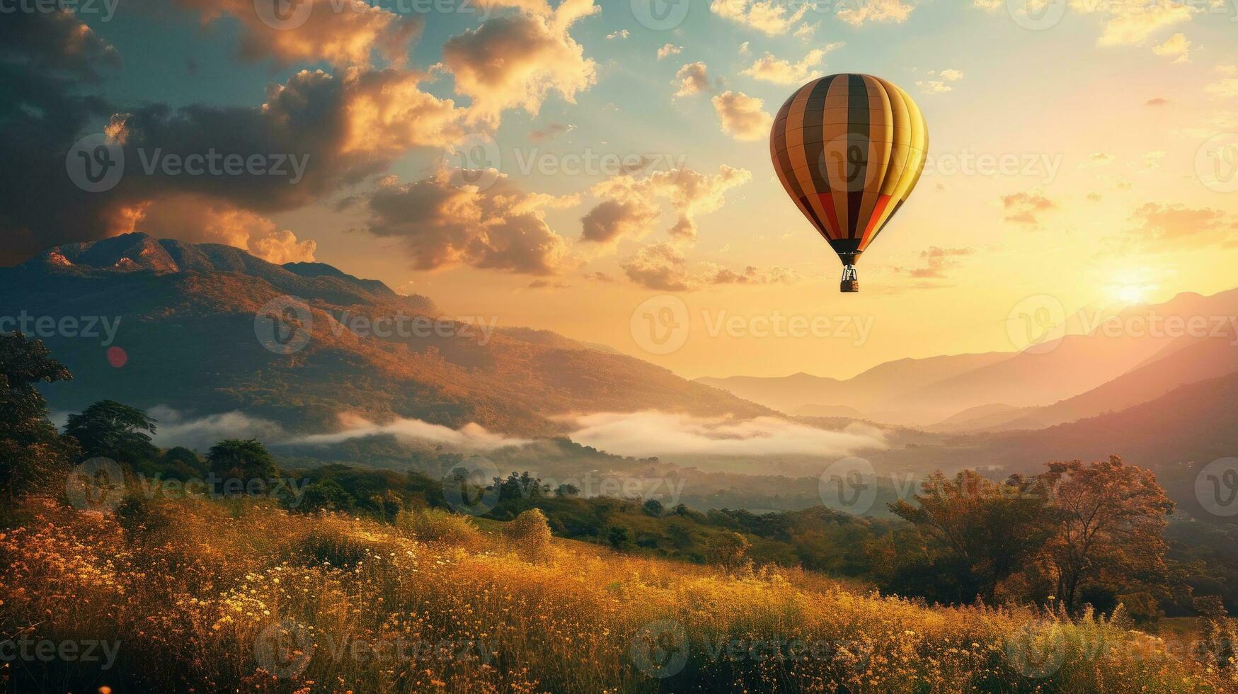 ai généré une serein paysage avec une en volant ballon pendant coucher de soleil, adapté pour fonds d'écran ou magazine se propage. bannière avec copie espace. photo