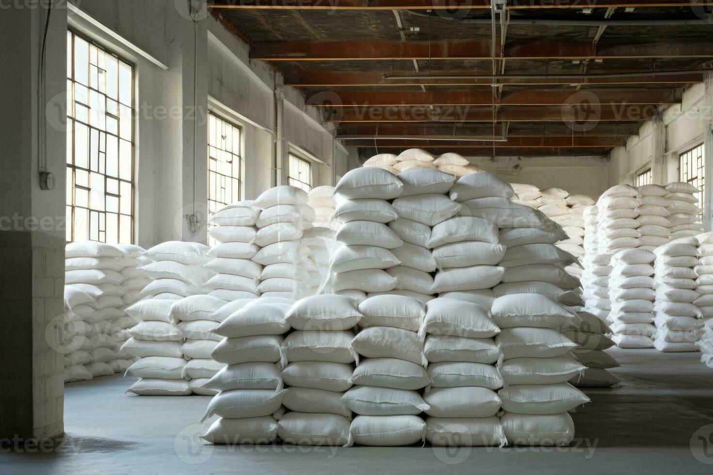 ai généré Lignes de gros blanc sacs à grand entrepôt dans moderne usine. photo