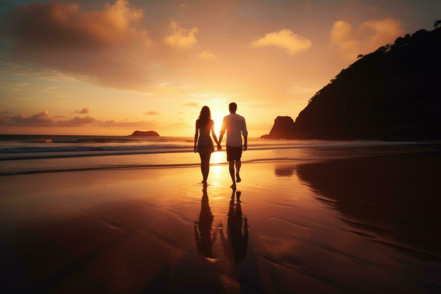 ai généré Jeune couple en marchant sur le plage à magnifique le coucher du soleil. romantique l'amour concept, une magnifique couple profiter une scénique le coucher du soleil sur le plage, ai généré photo
