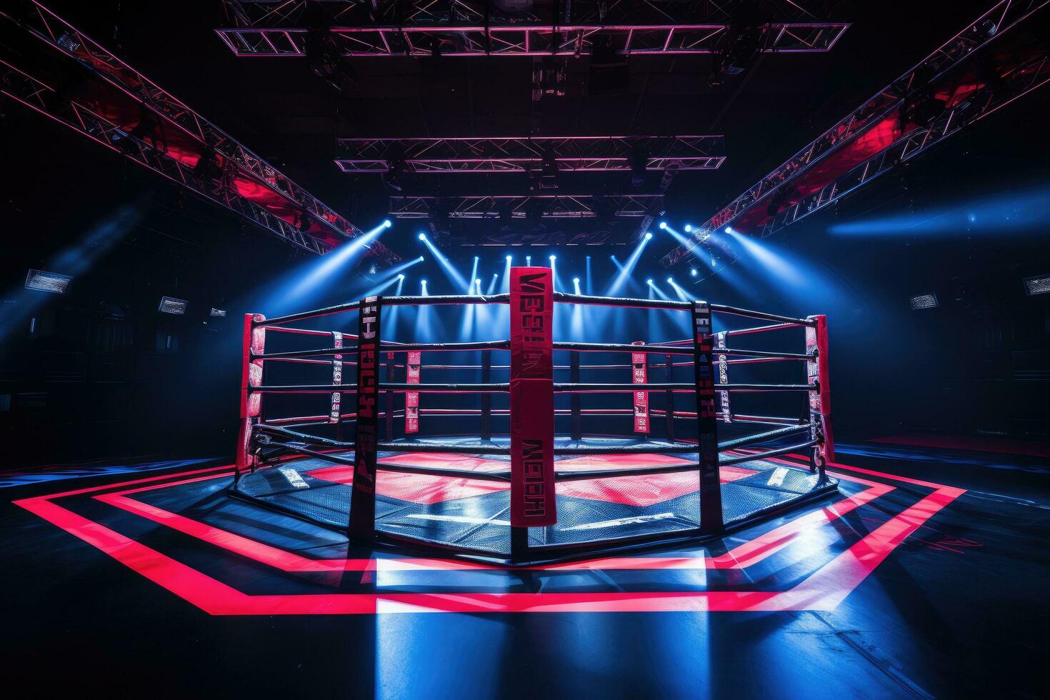 ai généré boxe bague dans une foncé pièce avec rouge lumières et fumée, boxe bats toi anneau, boxe arène pour prévu pour mma allumettes, ai généré photo