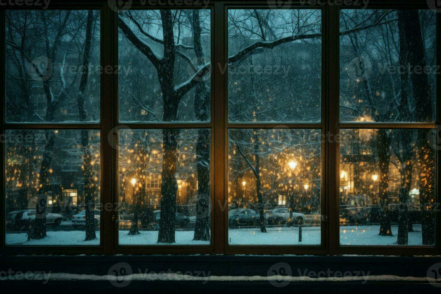 ai généré neigeux reflets dans les fenêtres - génératif ai photo