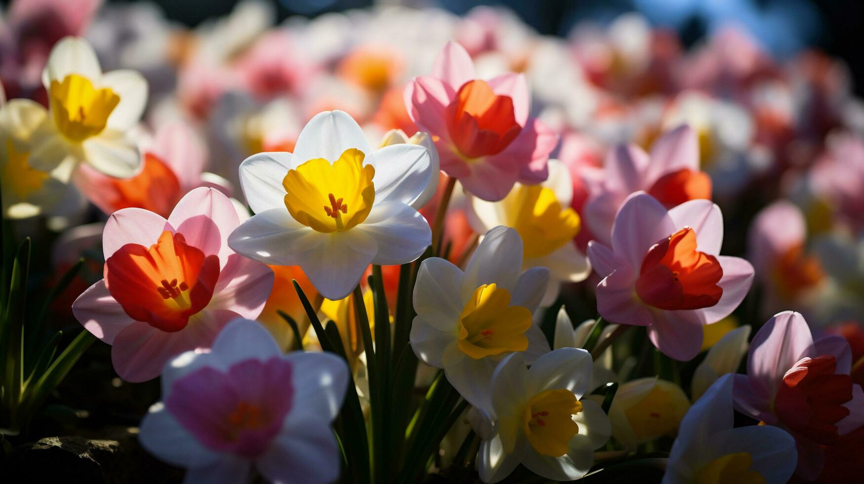 ai généré coloré crocus épanouissement dans le jardin. printemps Contexte photo