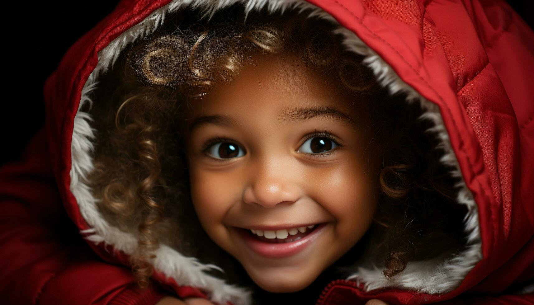 ai généré souriant enfant, mignonne portrait, bonheur dans hiver, à la recherche à caméra généré par ai photo