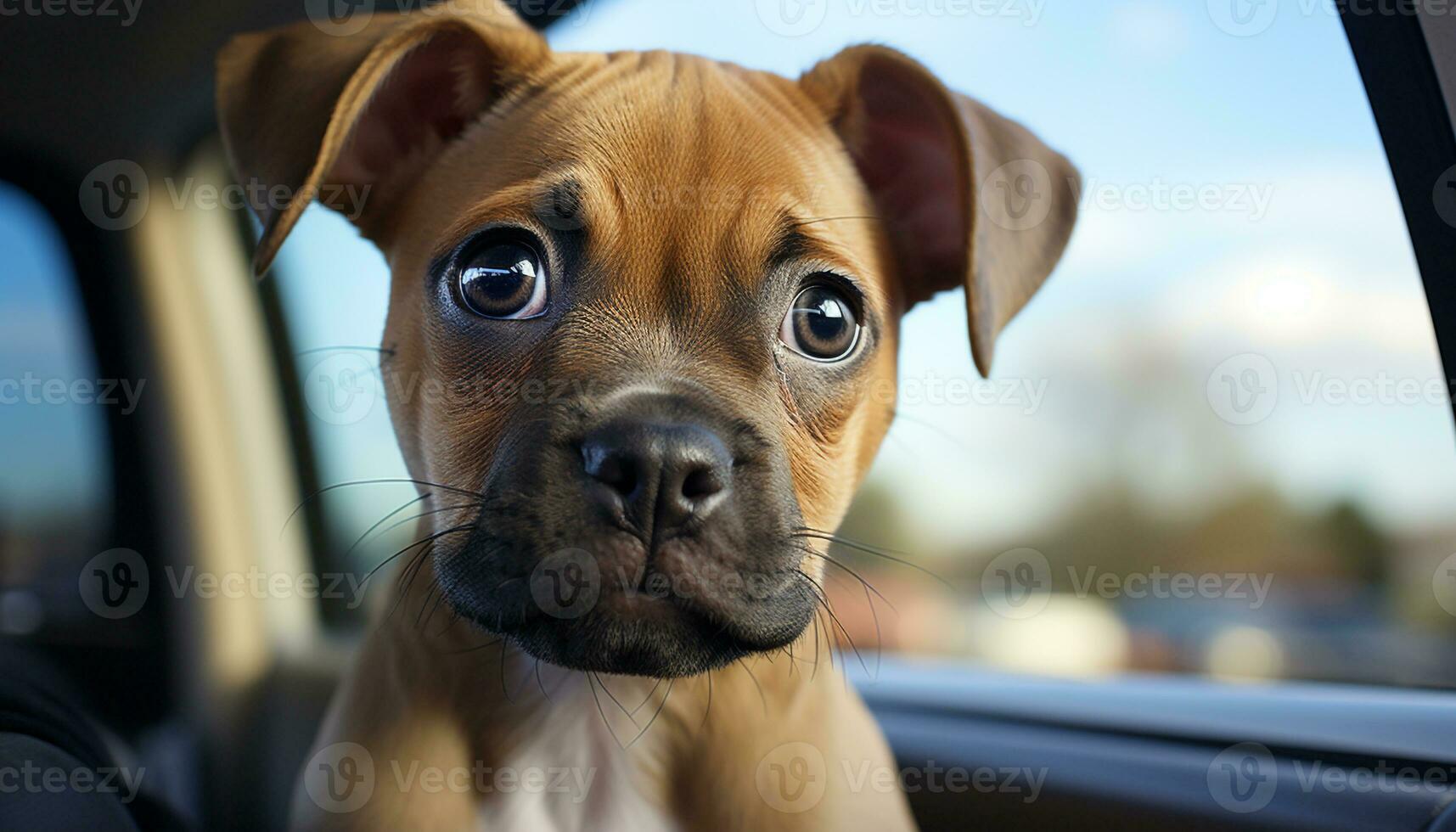 ai généré mignonne chiot séance dans voiture, à la recherche à caméra, triste généré par ai photo