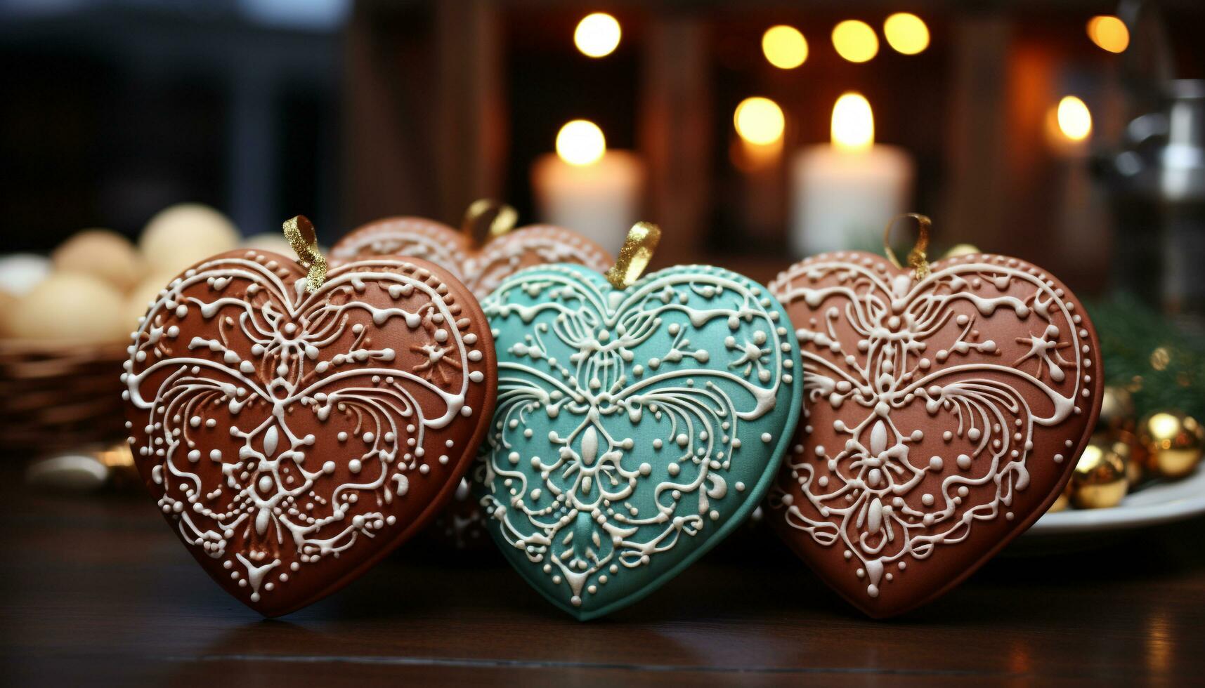 ai généré en bois table avec fait maison cœur en forme de Chocolat biscuits, aux chandelles romance généré par ai photo