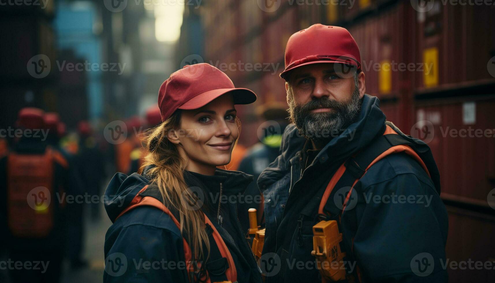 ai généré deux Jeune adultes, une homme et une femme, souriant en plein air généré par ai photo