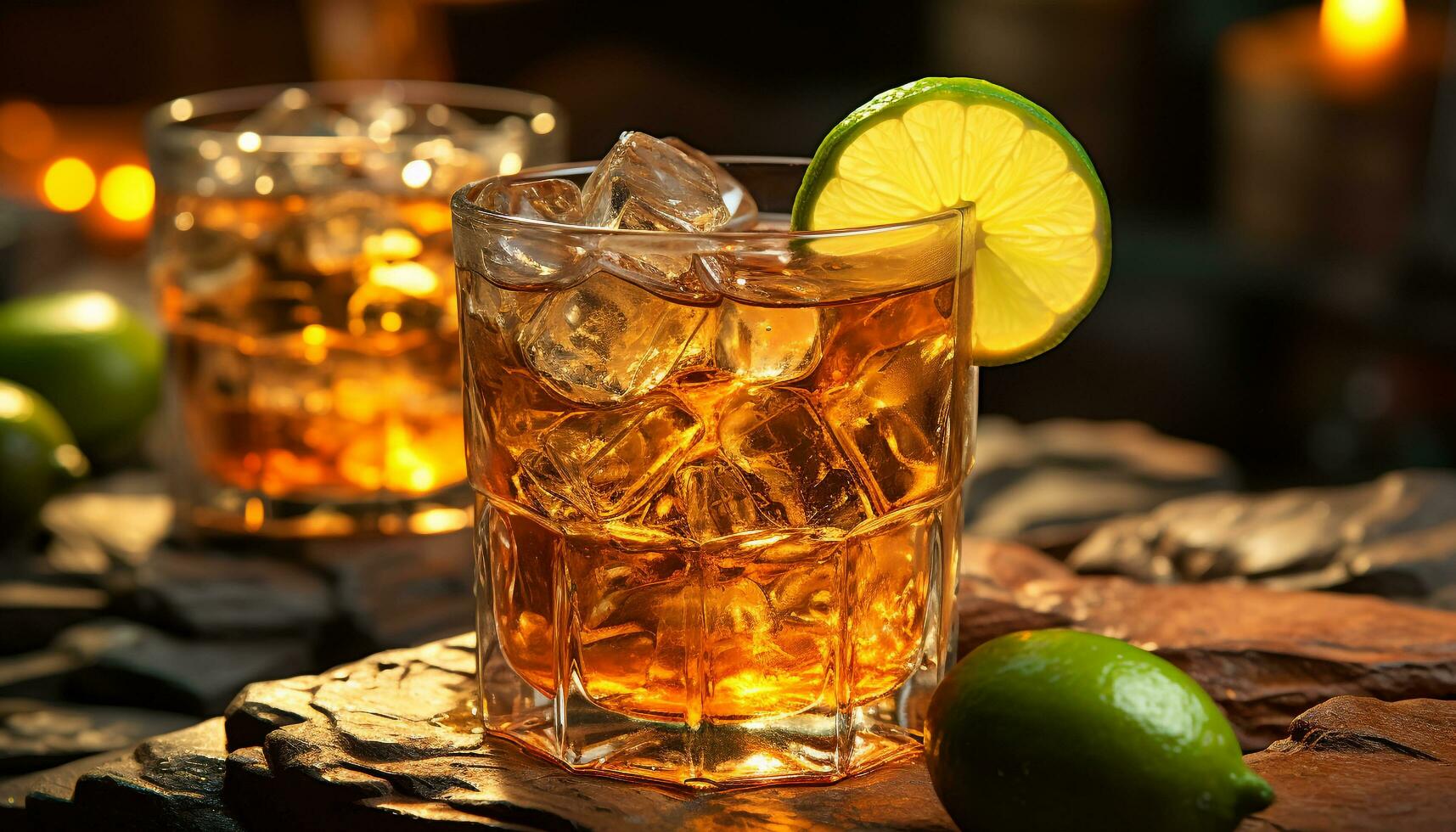 ai généré rafraîchissant cocktail avec whisky, chaux, et la glace généré par ai photo