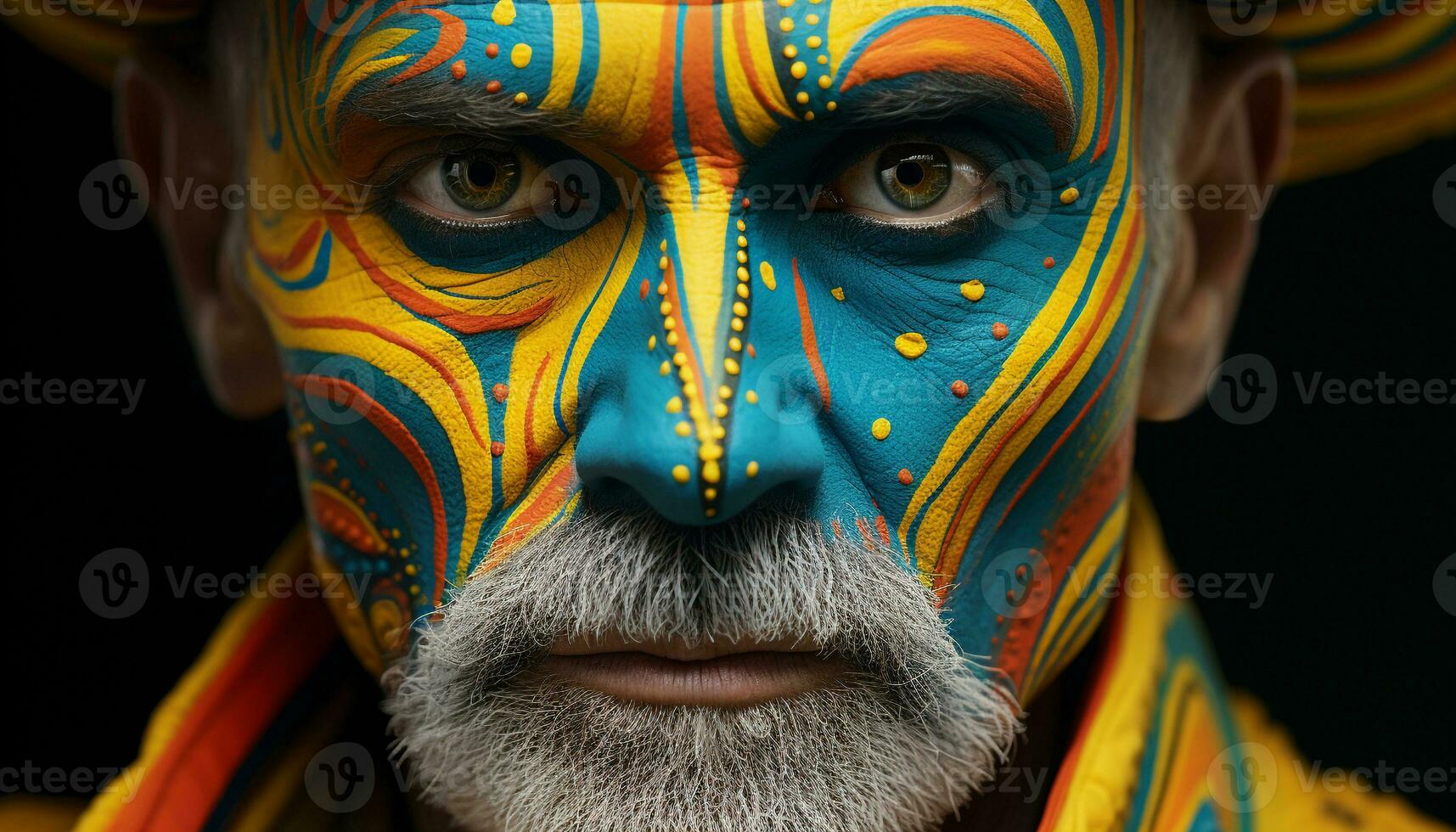 ai généré souriant homme avec coloré visage peindre et plumes généré par ai photo