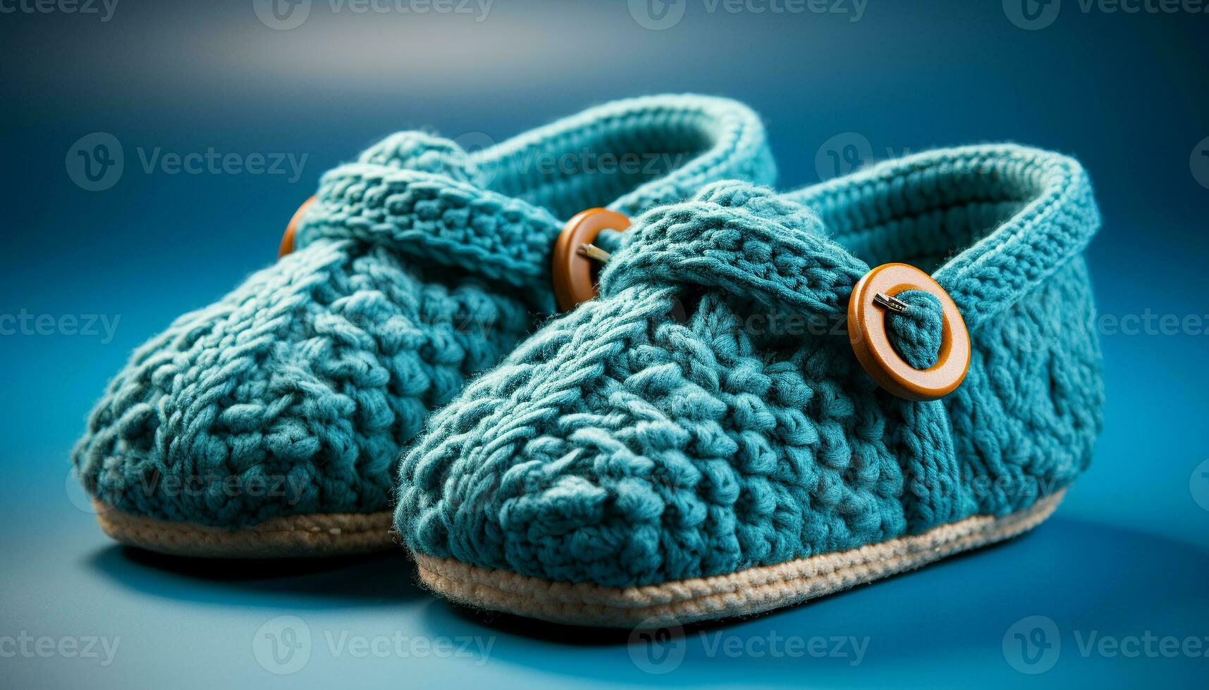 ai généré bleu la laine bébé chaussons, chaud, doux, mignon, fait maison généré par ai photo