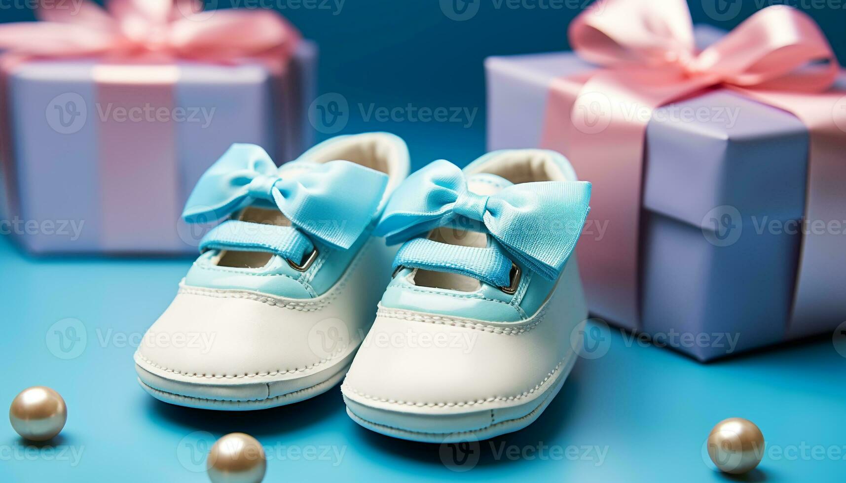 ai généré bleu bébé chaussons, une cadeau pour une fête généré par ai photo