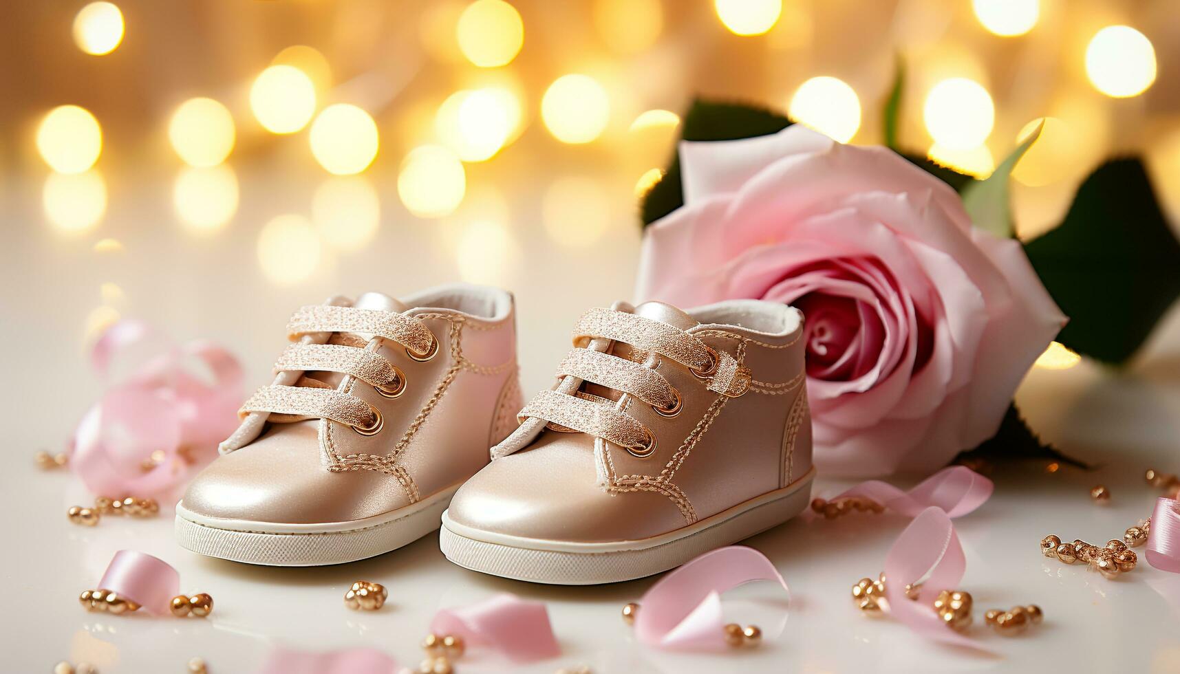 ai généré rose bébé chaussons, petit paire, fête de Nouveau la vie généré par ai photo