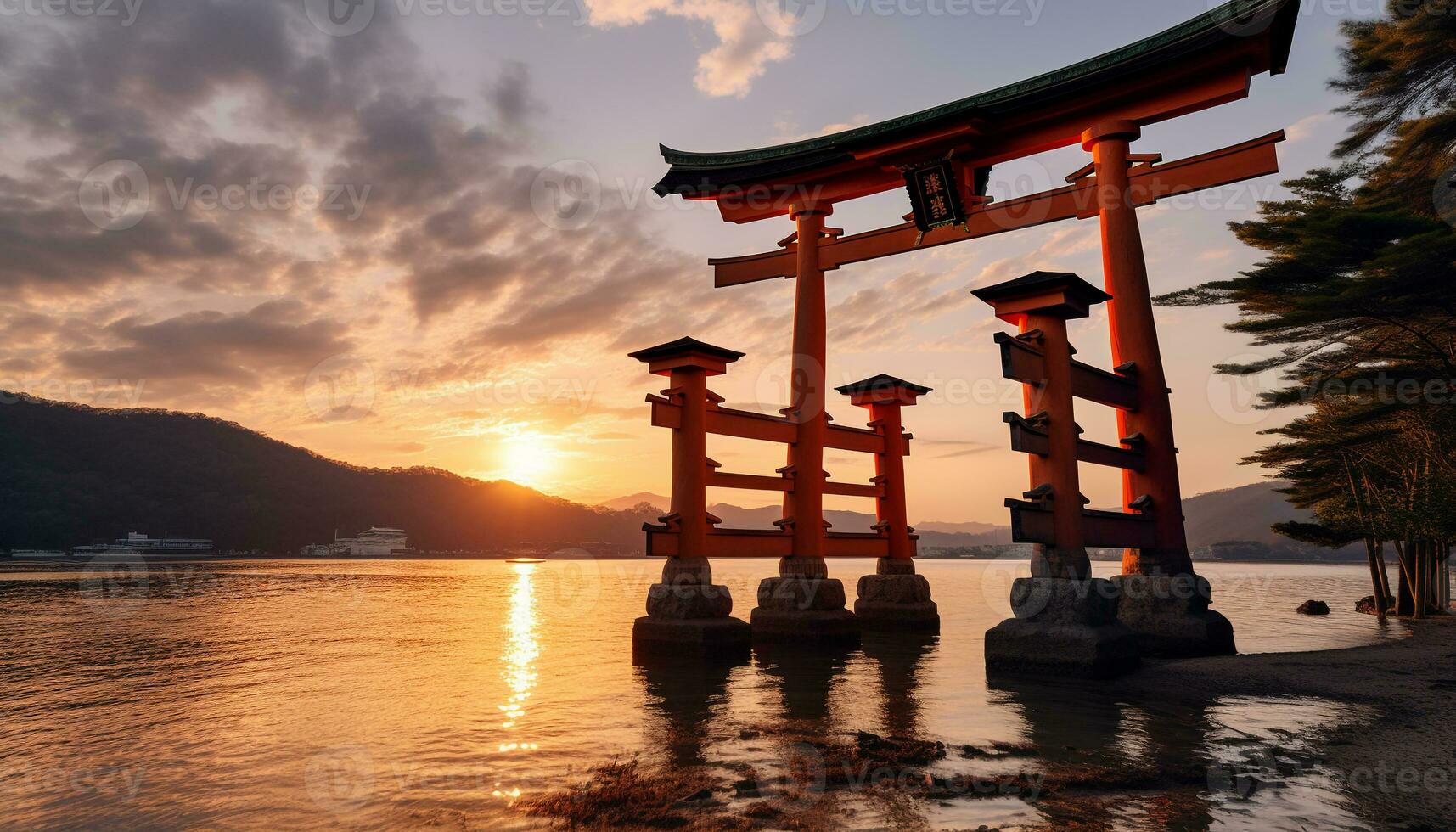 ai généré tranquille crépuscule reflète ancien pagode dans l'eau généré par ai photo