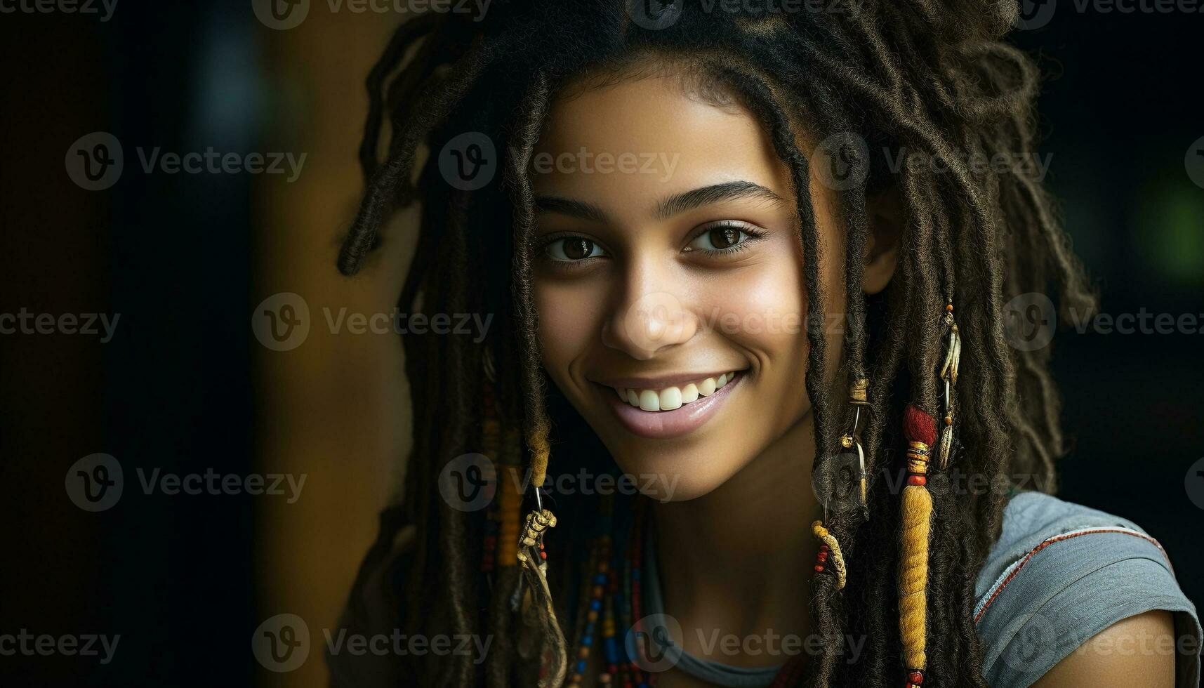 ai généré souriant Jeune femme avec dreadlocks dégage bonheur généré par ai photo