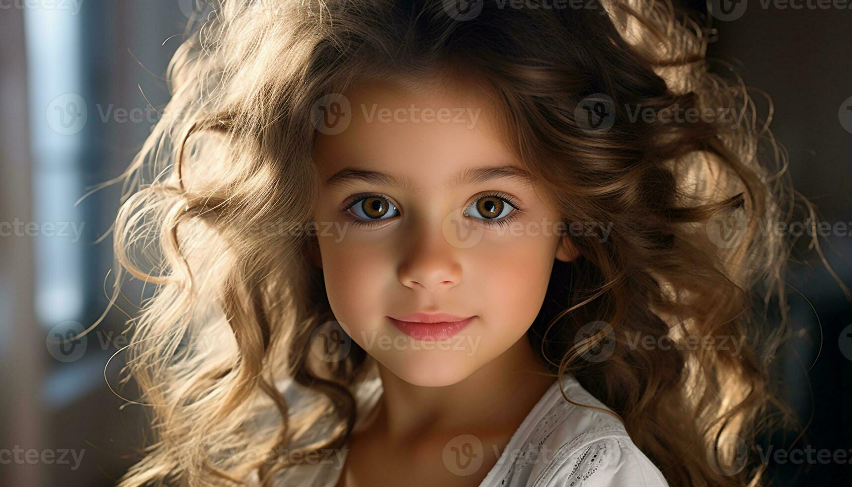 ai généré mignonne fille avec frisé cheveux souriant en plein air généré par ai photo