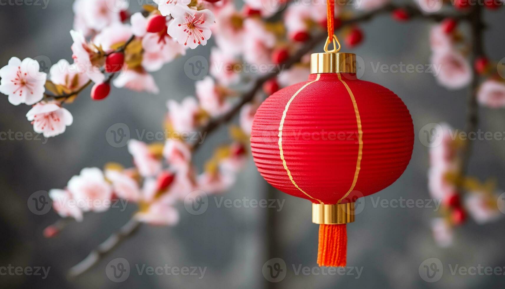 ai généré Cerise fleur arbre illuminé, lanterne suspendu, la nature embrasé généré par ai photo