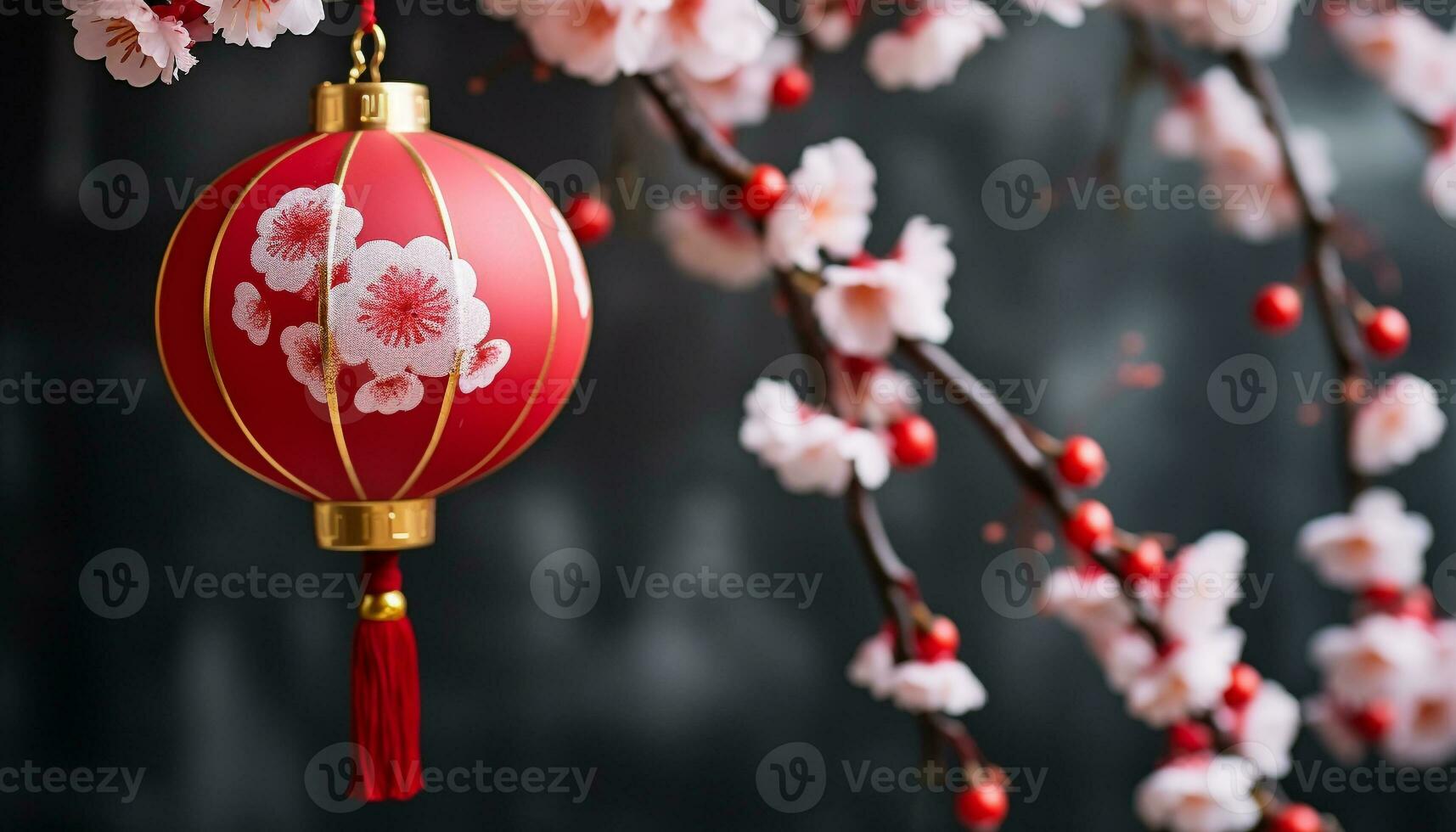 ai généré traditionnel Festival fête avec chinois lanternes et Cerise fleurs généré par ai photo