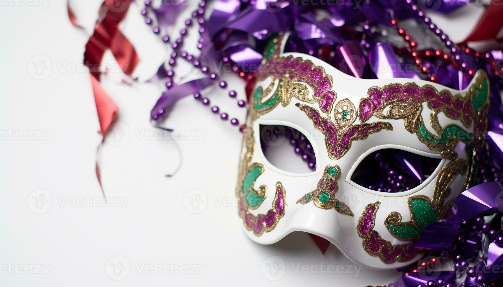 ai généré mardi gras fête, costume, masque, faire la fête, confettis, coloré généré par ai photo