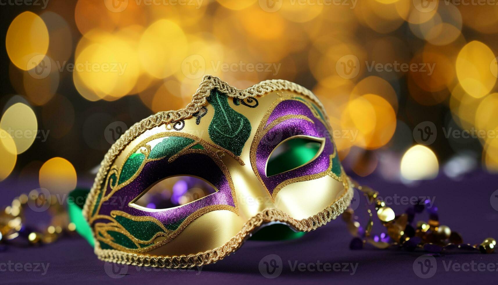 ai généré brillant or costume masques éclairer mardi gras fête généré par ai photo