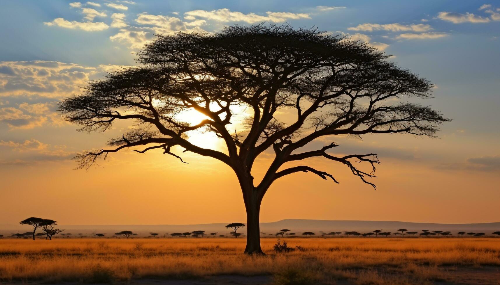 ai généré silhouette de acacia arbre dans africain le coucher du soleil généré par ai photo