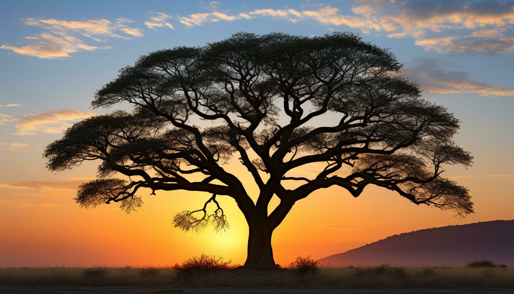 ai généré silhouette de acacia arbre dans africain le coucher du soleil généré par ai photo