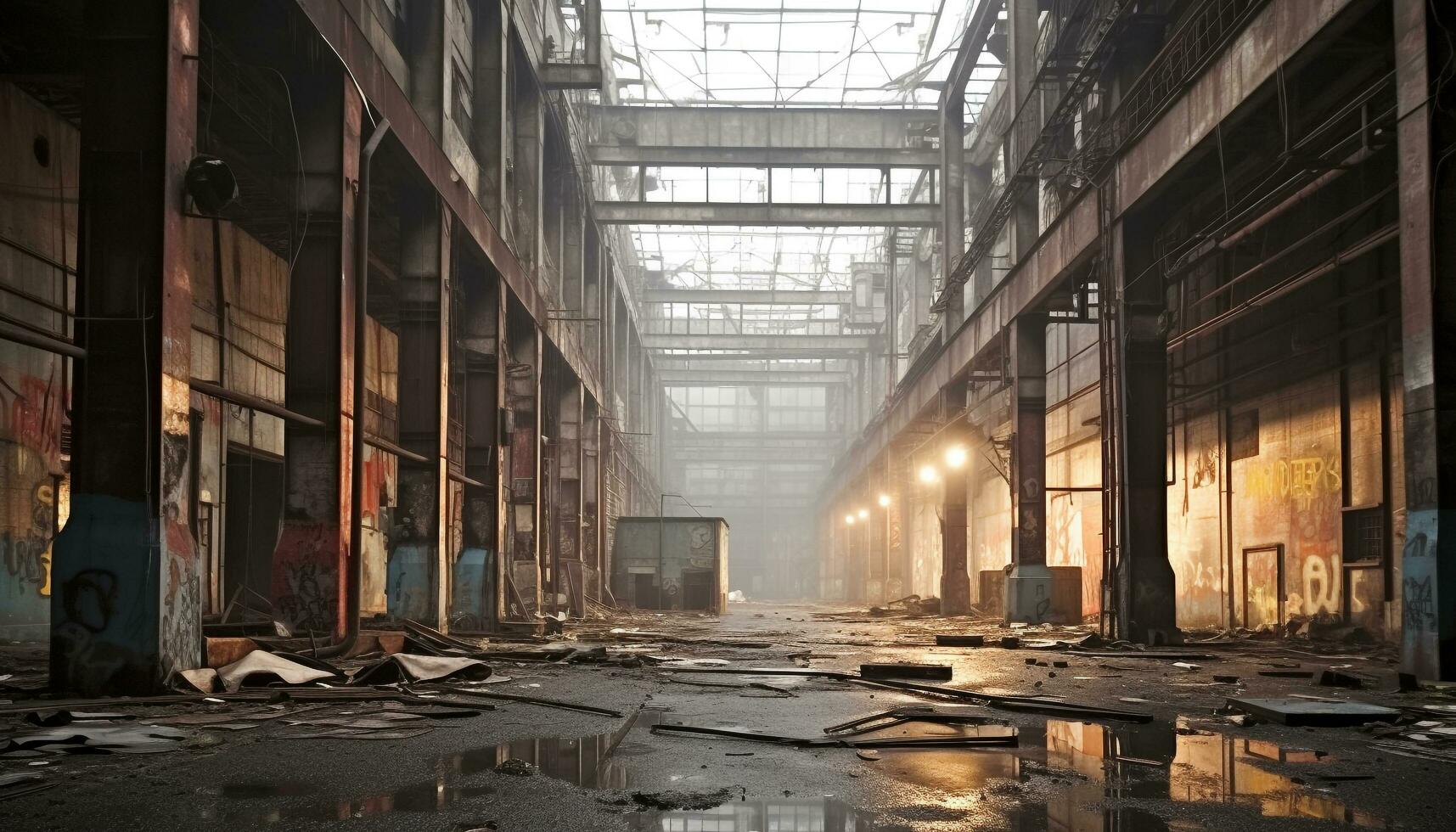 ai généré ruiné usine, vide et abandonné, une effrayant désordre généré par ai photo