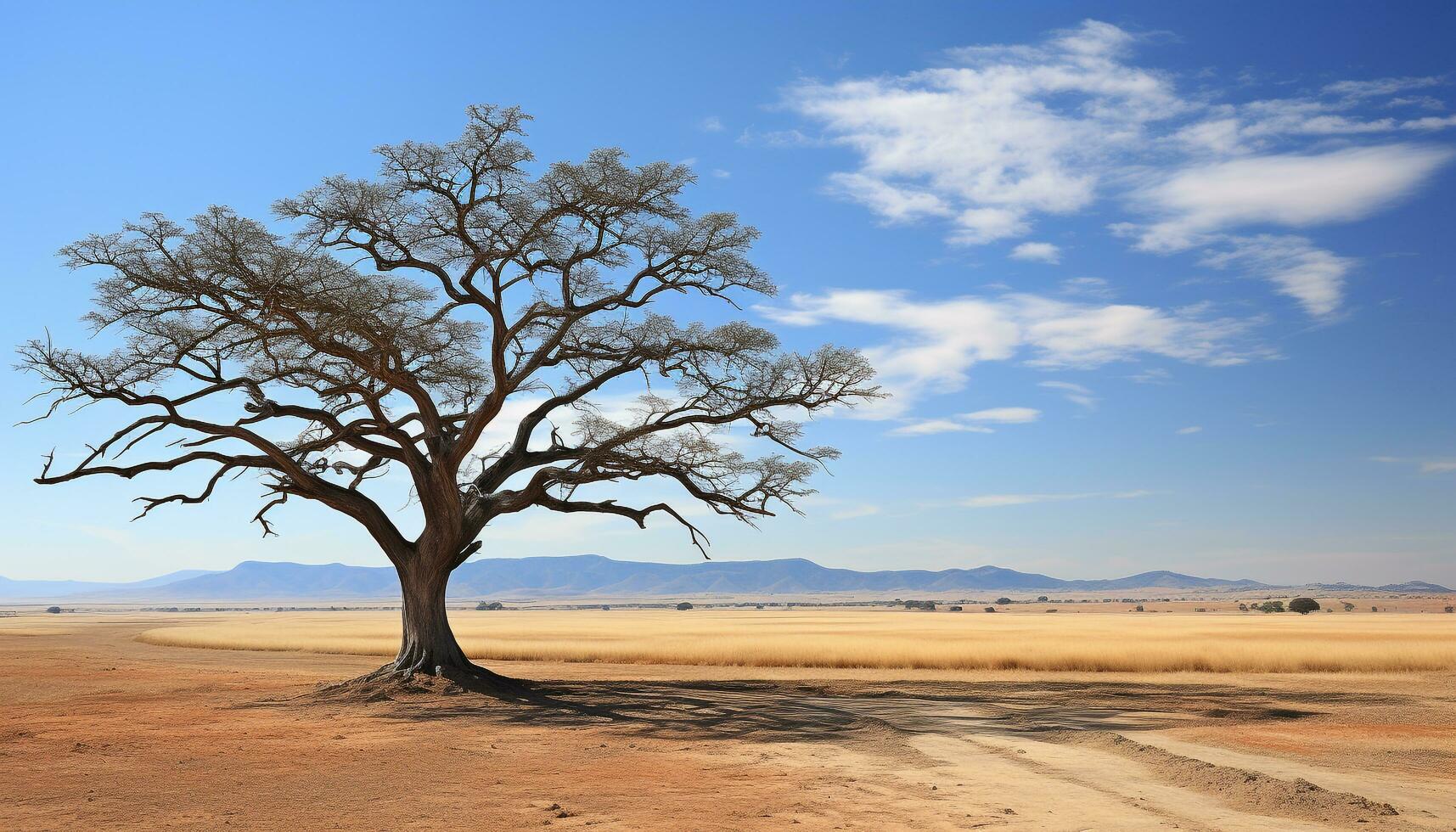 ai généré solitaire acacia arbre des stands sur aride africain plaine généré par ai photo