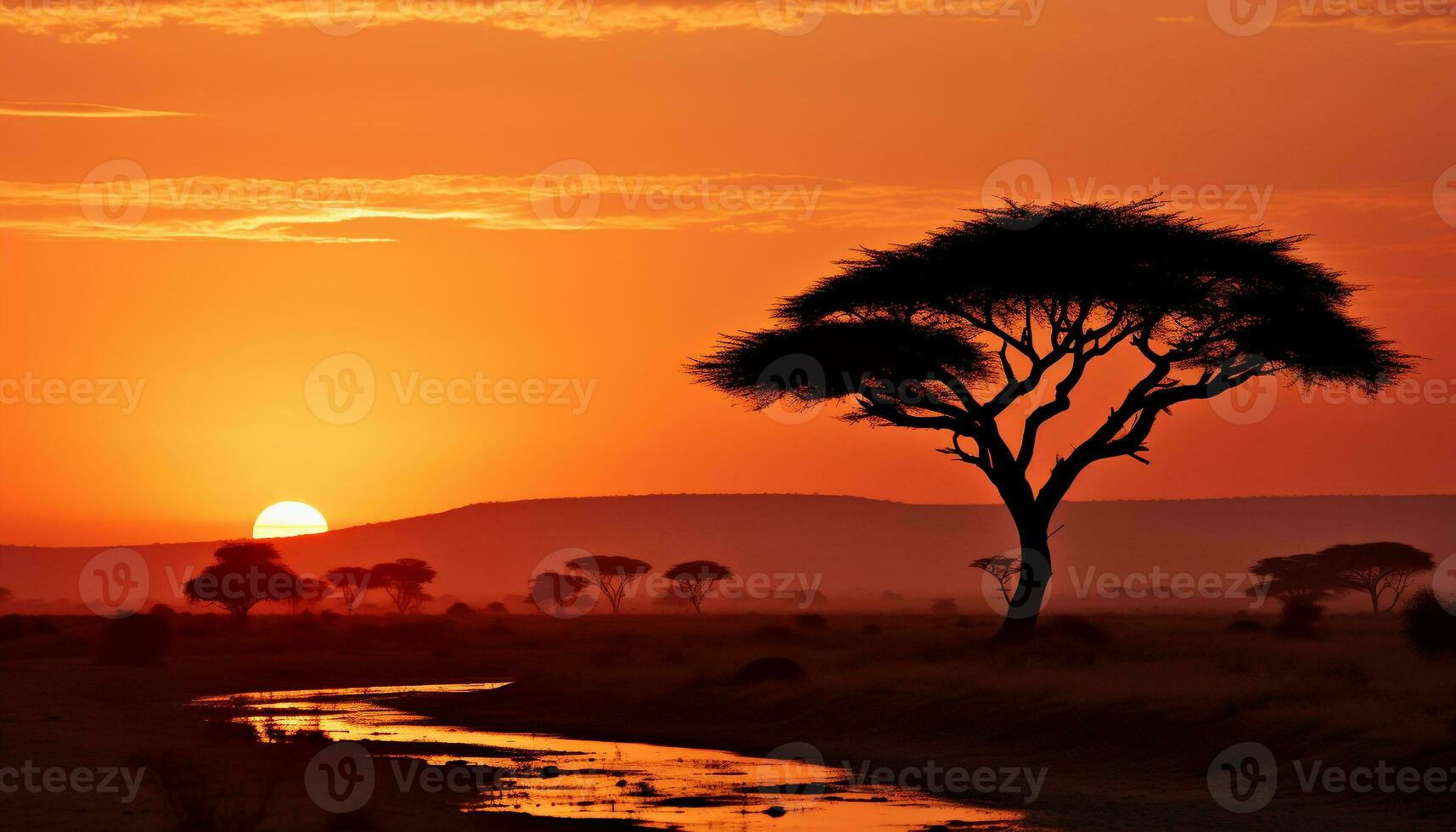 ai généré le coucher du soleil plus de africain savane, la nature beauté dans silhouette généré par ai photo