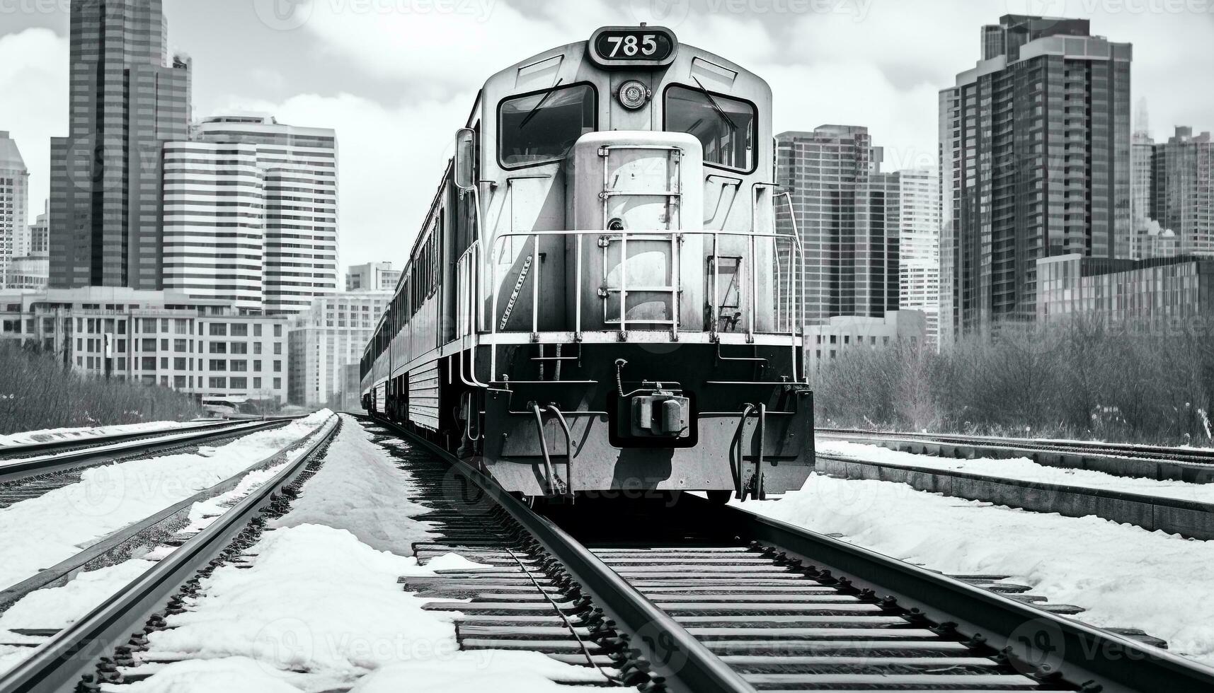 ai généré neige couvert chemin de fer piste, train excès de vitesse par hiver généré par ai photo