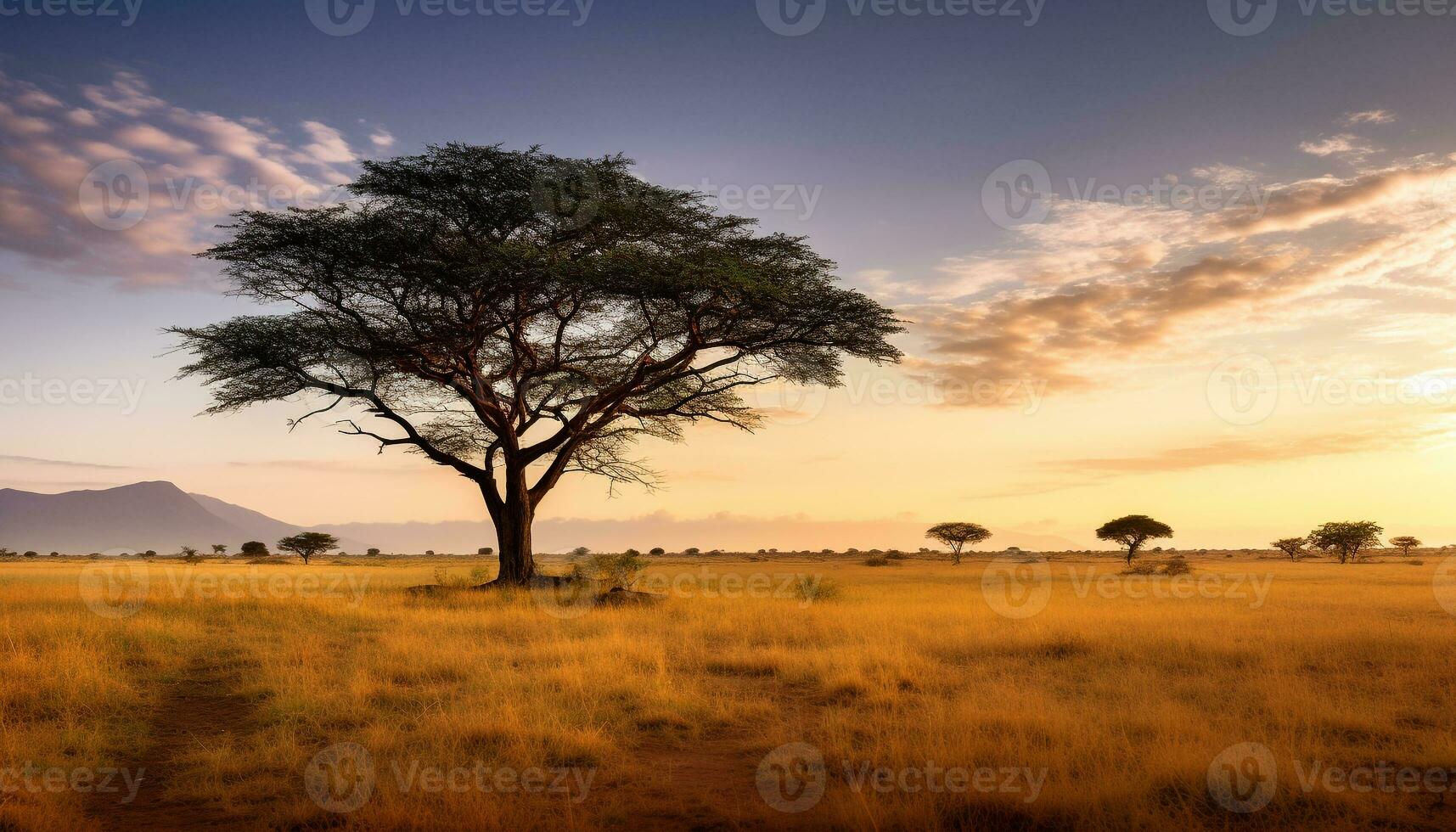 ai généré le coucher du soleil plus de le africain savane, la nature tranquille beauté généré par ai photo