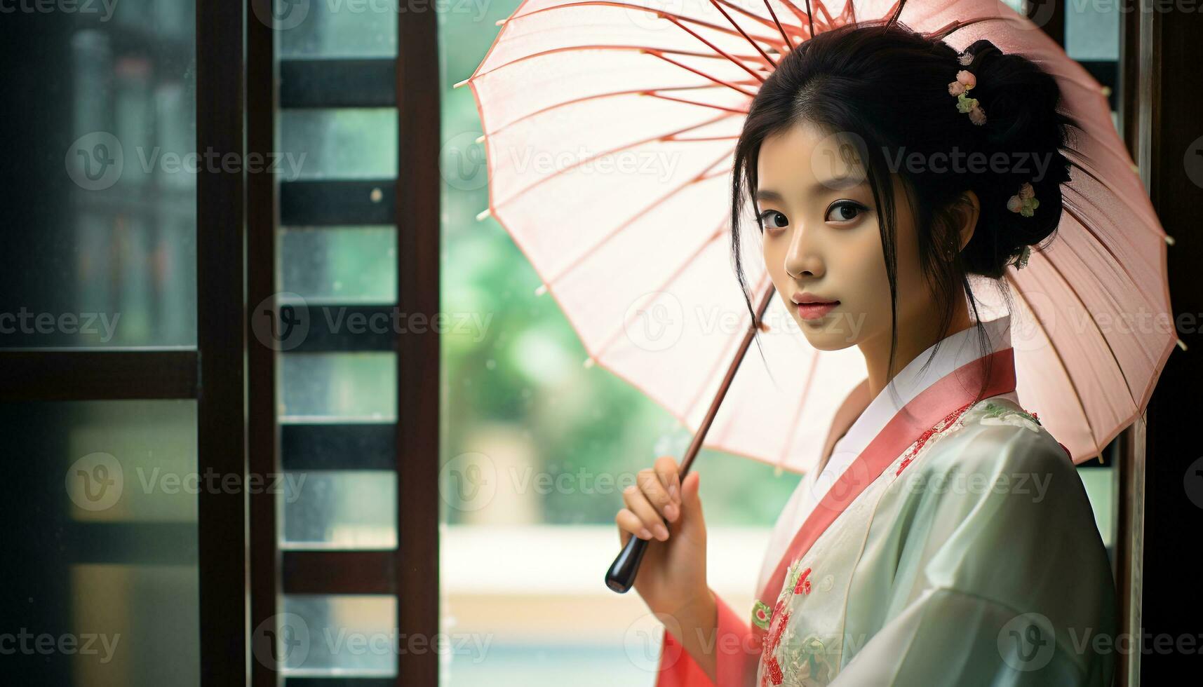 ai généré souriant Jeune femme en portant parapluie dans le pluie généré par ai photo