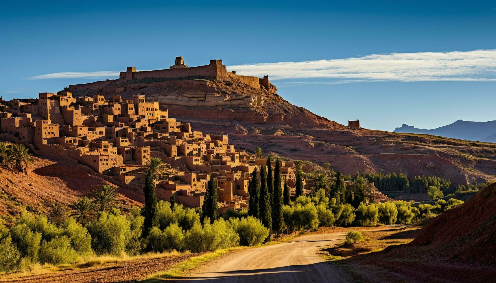 ai généré panoramique le coucher du soleil plus de ancien africain Montagne intervalle généré par ai photo