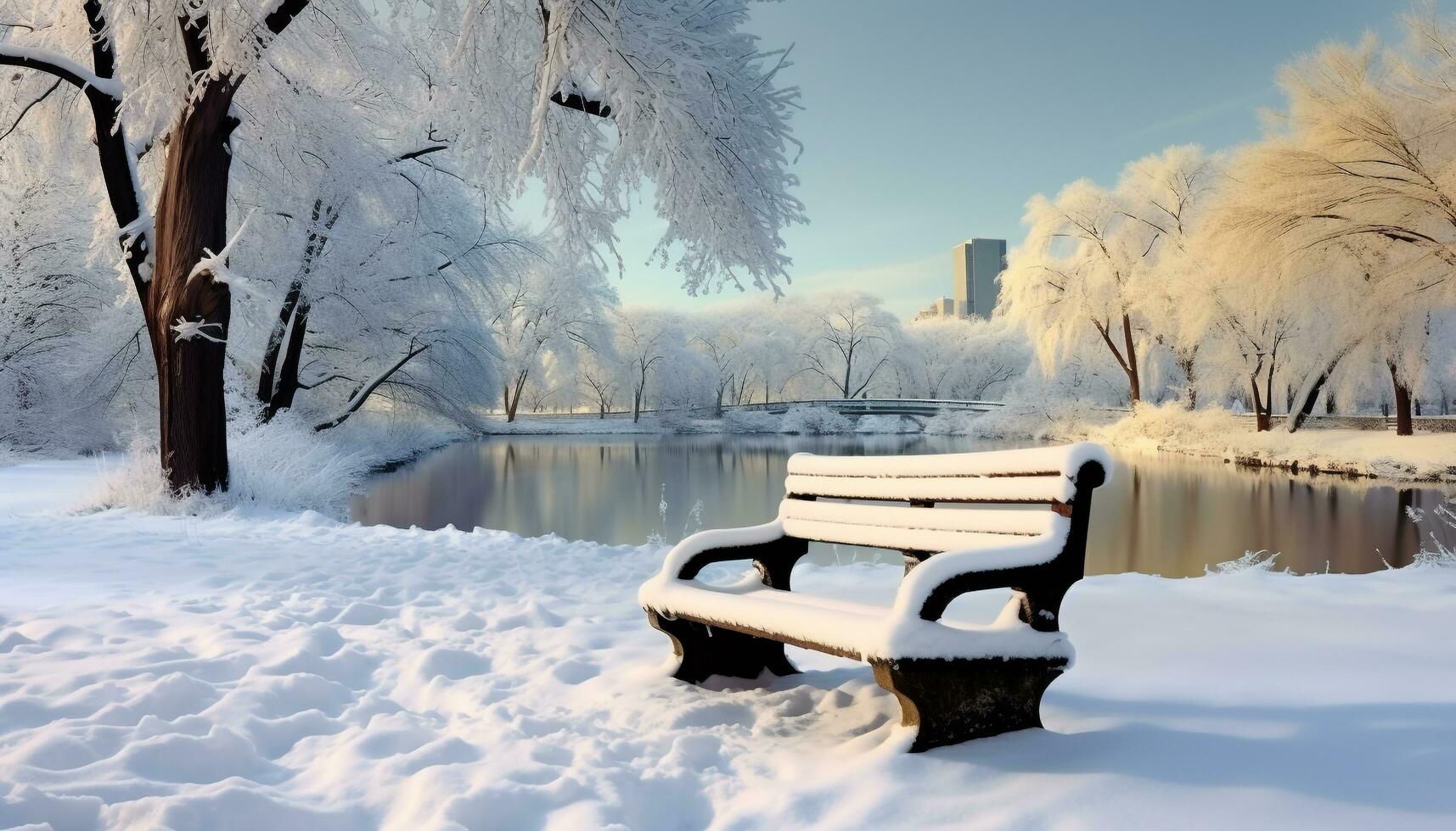 ai généré hiver paysage, neige couvert arbre, tranquille banc, congelé étang généré par ai photo