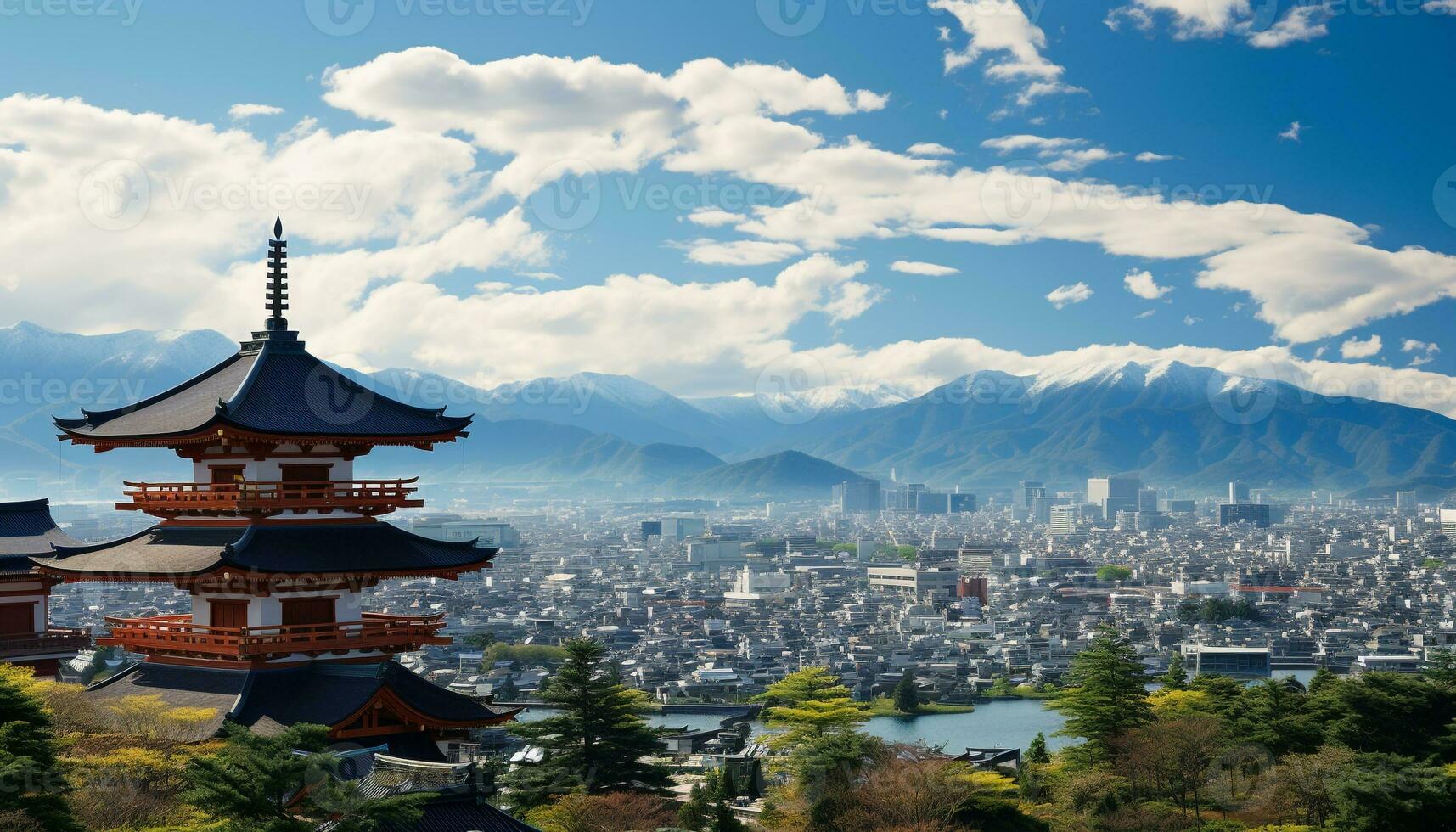 ai généré ancien pagode des stands grand au milieu de Pékin Urbain horizon généré par ai photo